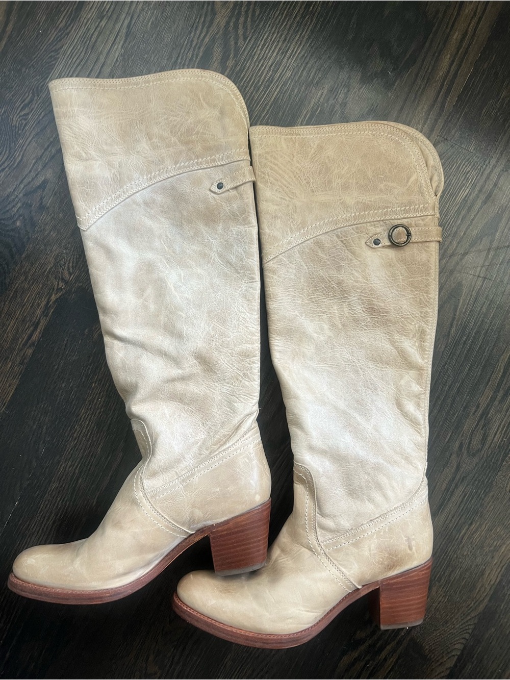 Frye Jane Tall Leather Over-the-Knee Boots Block Heel Tan Cream Beige Taupe | 9